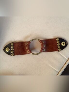 Handmade Brown Leather Cuff Brass Bracelet with Brass Ring and studs